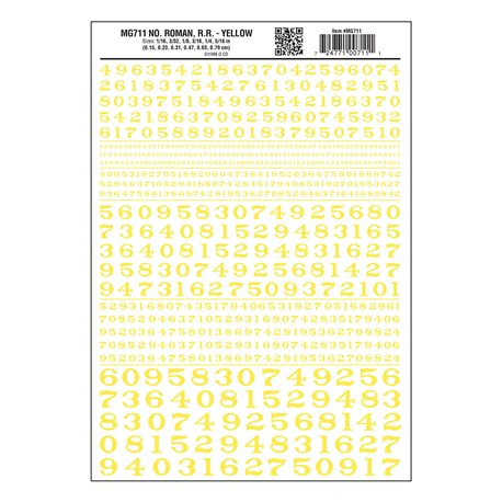 Numbers Dry Transfer Sheet - Roman RR Yellow Dt