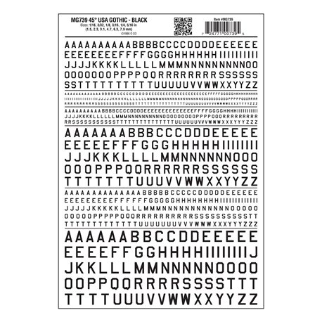 Letters Dry Transfer Sheet - 45° USA Gothic Black Dt
