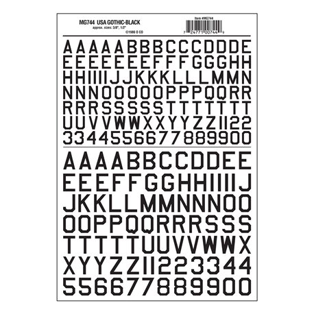 Letters Dry Transfer Sheet - 45° USA Gothic Black 3/8, .5 Dt