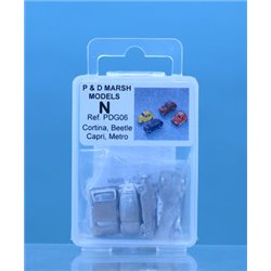 4x N gauge white metal cars: Capri, Cortina, Beetle, Metro