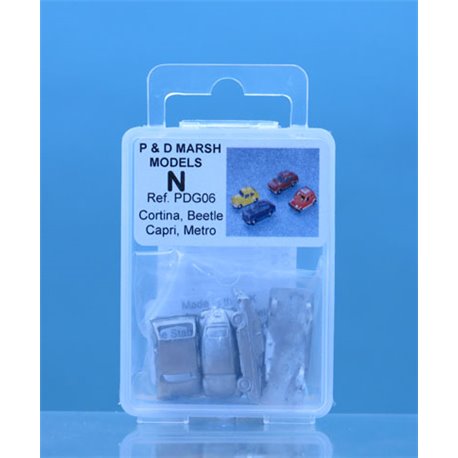 4x N gauge white metal cars: Capri, Cortina, Beetle, Metro