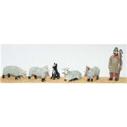 Shepherd, dog & 4 Assorted sheep (OO Scale 1/76th) - Unpainted