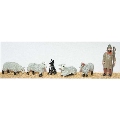 Shepherd, dog & 4 Assorted sheep (OO Scale 1/76th) - Unpainted