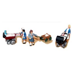 2 prams, childrens trolley & 3 figures - Unpainted