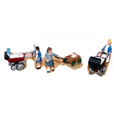 2 prams, childrens trolley & 3 figures - Unpainted
