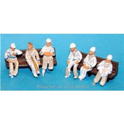 Painted 6 Seated Cricketers waiting to play. (OO scale 1 /76th)