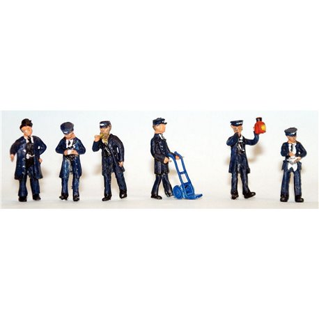 Painted 6 x 1950's Station Figures and sack barrow (OO scale 1/76th)