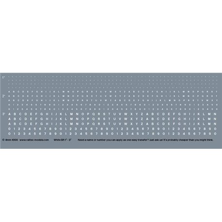 Railtec 4mm-1000 4mm Numeric/alphabet sheet: white BR scale 1" - 3" for OO gauge